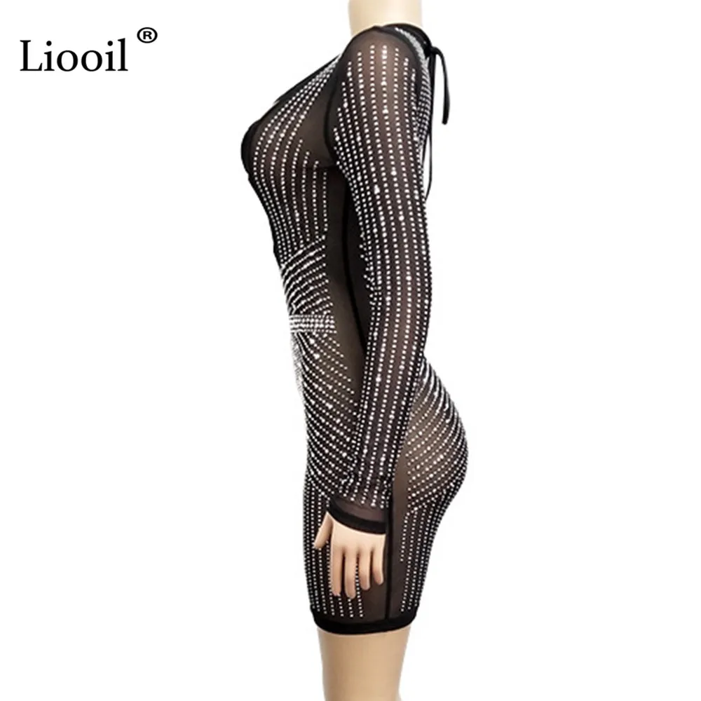 Liooil Бандажное сексуальное мини-платье со стразами, женская одежда, прозрачное Сетчатое Клубное платье из кусков, открытые черные вечерние платья