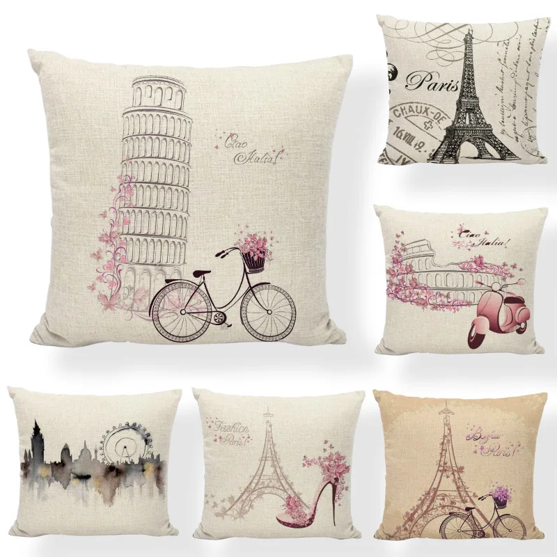 

Vintage Royal Tower Paris Vintage Bicycle Cushion Cover Decorate 45*45Cm Pillowcase Hotel Houseware Home Sofa Living Room