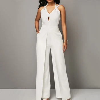 

2018 Autumn New Casual Wedding Jumpsuit Elegant Sleeveless Halter White Jumpsuit Ladies Coverall V-neck Sexy Jumpsuit