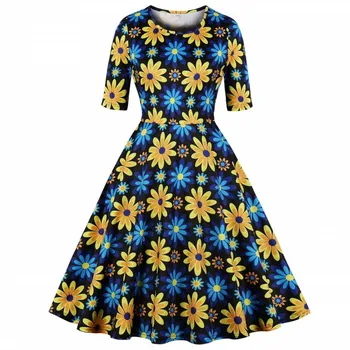 

Summer Women Flowers Print Vintage Dress Half Shell Patchwork A -line Party Dress Casual Rockabilly Dress Autumn Vestidos