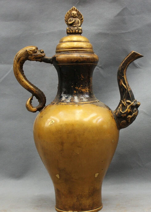 

S4528 14" Folk Chinese Bronze Buddhism Amitayus Dragon Head Statue Wine Pot Teapot D0318