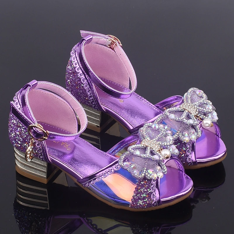Сандалии с кристаллами для девочек; модельные туфли принцессы на высоком каблуке с блестками и бантом; детская обувь для вечеринки и свадьбы; праздничные сандалии для подростков