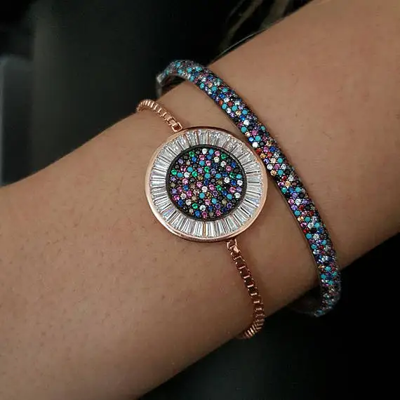 Chaîne réglable en or rose pour femme, pavé multicolore, pierre CZ étendue, forme ronde, mode fille élégante, joli bracelet