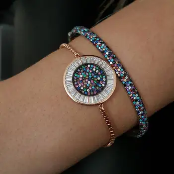 

rose gold filled slider adjust chain pave multi color rainbow CZ stone round shape fashion elegant girl women nice bracelet