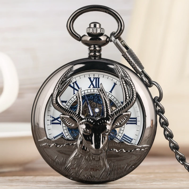 

Retro Black Goat Hollow Out Mechanical Pocket Watch Fashion Blue Roman Numeral Face Dial Premium Alloy Jewelry Wrist Chain Watch