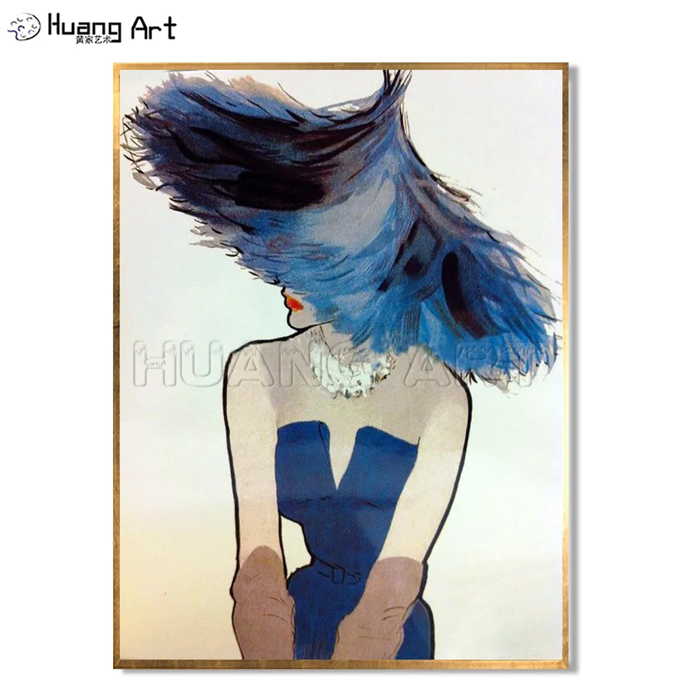 

Картина на холсте красивая модная девушка картина маслом 100% ручная работа синяя шляпа элегантная женская портрет для современного искусства Декор