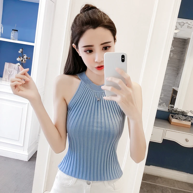 

Summer Women Knitting Halter Neck Cropped Camisole Tops Female Knitted Off-shouder Tanks Sleeveless Basic Solid T shirts