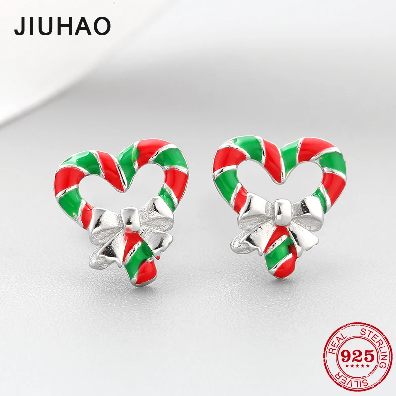 

925 Sterling Silver Heart shape Candy cane Colorful Enamel Christmas jewelry DIY fashion women Stud Earrings luxury Party Gifts