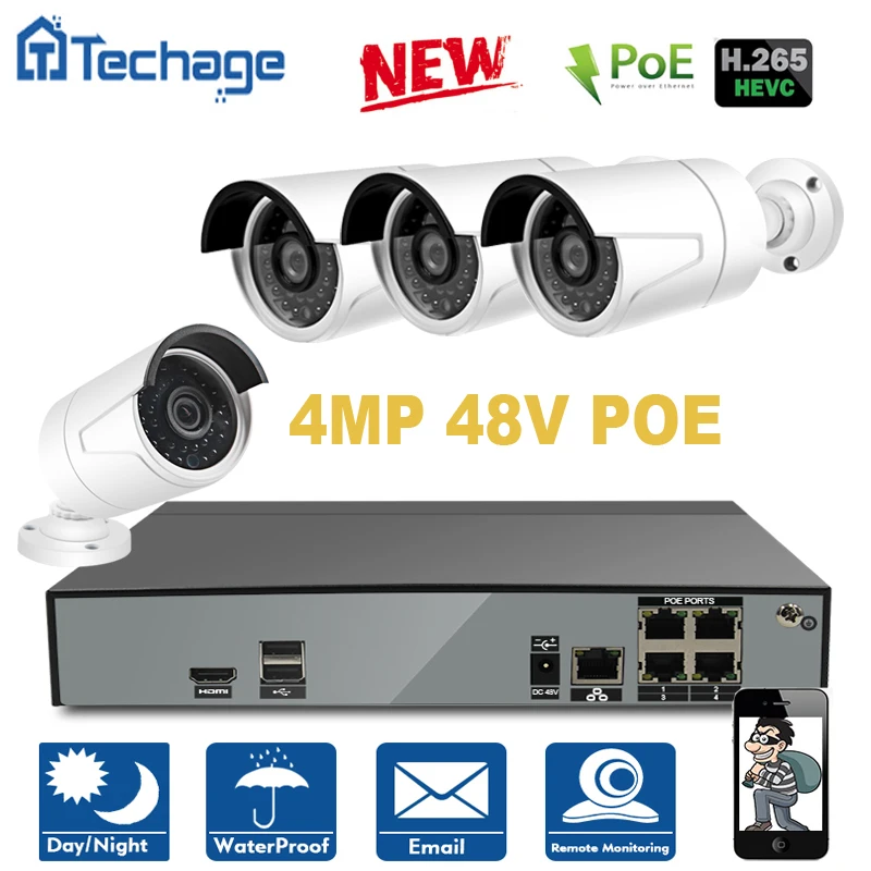  Techage H.265 4CH 48V POE NVR 4K CCTV System 4PCS 4.0MP POE IP Camera P2P IR Night Vision Outdoor Waterproof Video Security Kit 