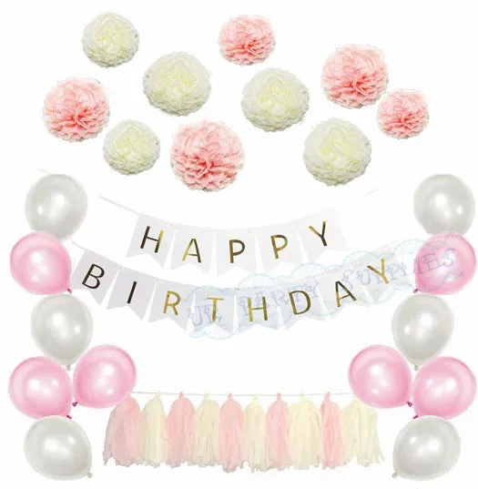

1 Set Birthday Party Decoration Kits Gold Banner Tassel Garland Pink Ivory Tissue Pompom Flower Balloon for Birthday Baby Shower