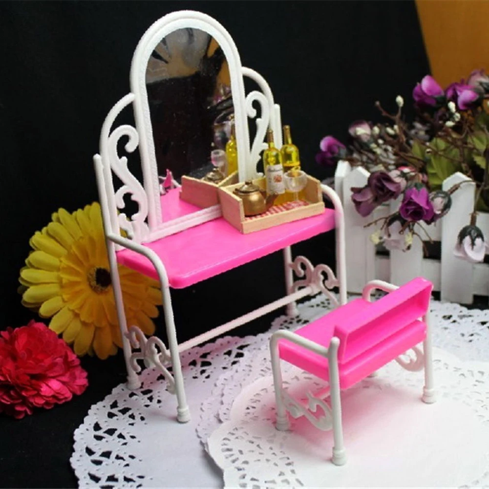 Bedroom Plastic Furniture Pretend Toys Fashion Dressing Table And Chair Set For Barbies Dolls For Girls