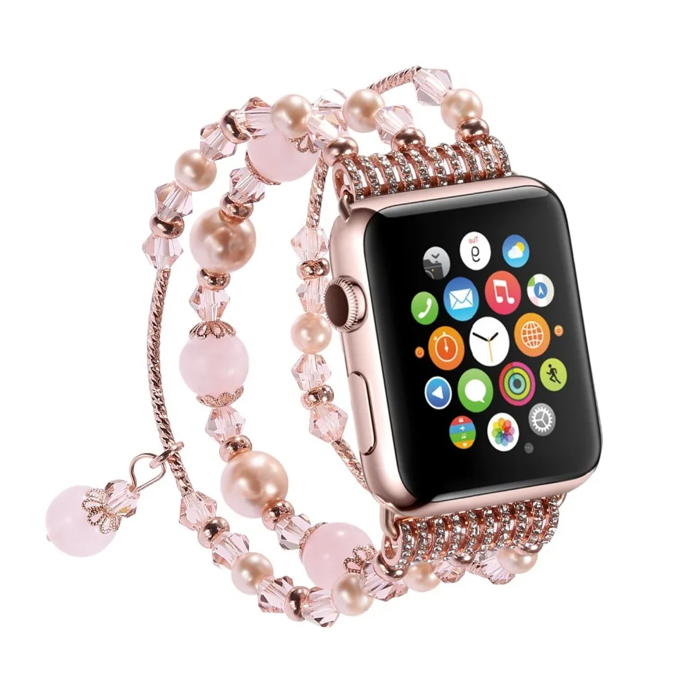 

For Apple Watch Band Handmade Elastic Stretch Beaded Faux Pearl Agate Natural Stone Bracelet Strap Women Girls Series 4 3 2 1