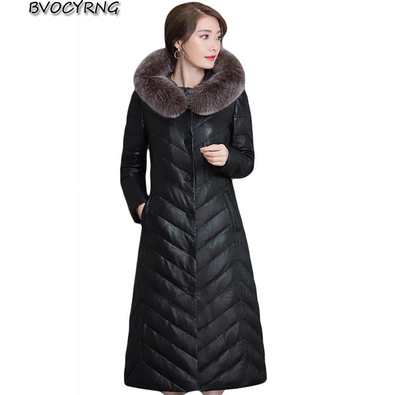 

2017 Winter Women Long Leather Jacket Outerwear Plus Size Female Jackets High Quality Fox Collars Thicken Down Pu Leather Coats