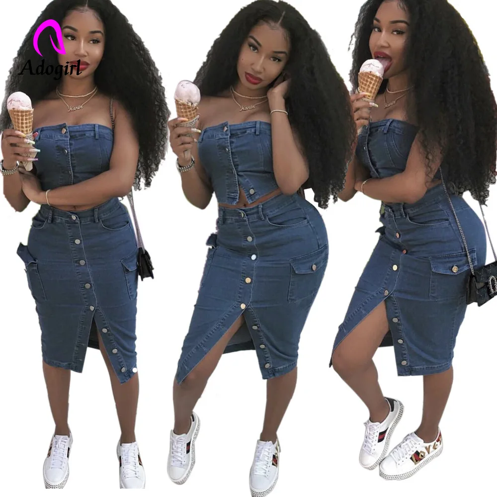 

Adogirl Button Up Denim 2 Piece Set Women Summer Sleeveless Crop Top and Maxi Skirt Set Cotton Casual Ladies Sets Sexy Club Wear