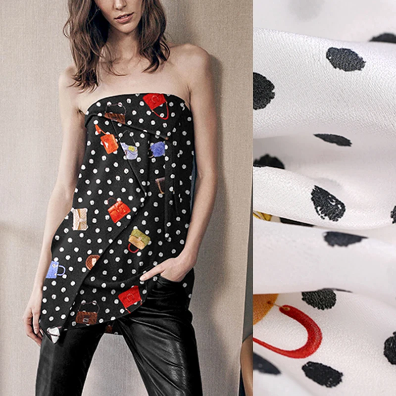 

135CM Wide 16MM Weight White Black Dots Print Thin Silk Crepe de Chine Fabric for Summer Dress Jacket Pants DE1019