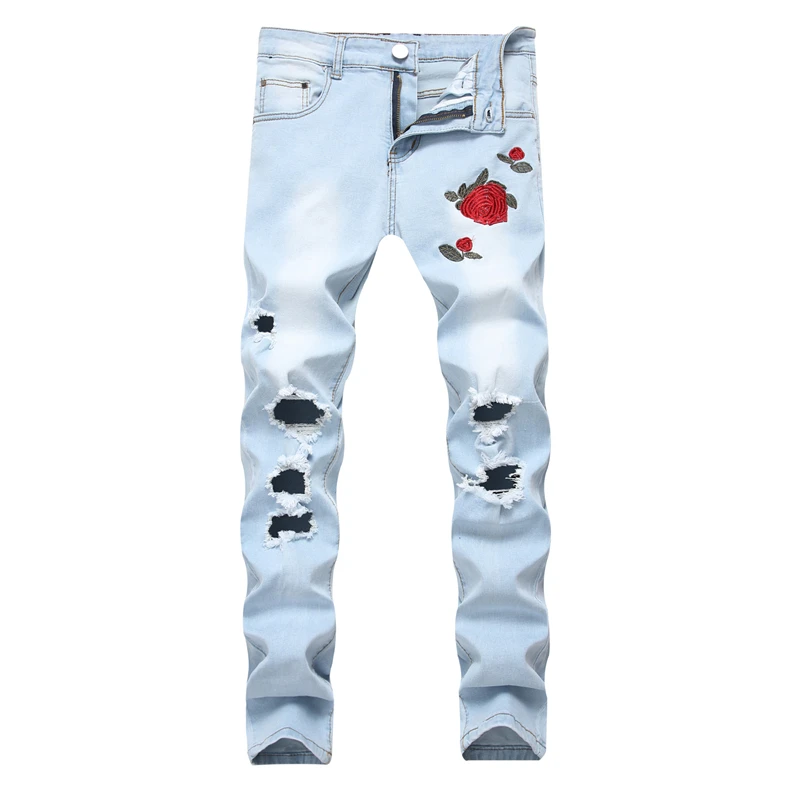 Рваные джинсы с вышивкой Для мужчин с цветочным рисунком и вышивкой; с розами Для Мужчин's джинсовая куртка с дырками женские Стрейчевые джинсы-скини пуш-ап размер 42, джинсовые штаны