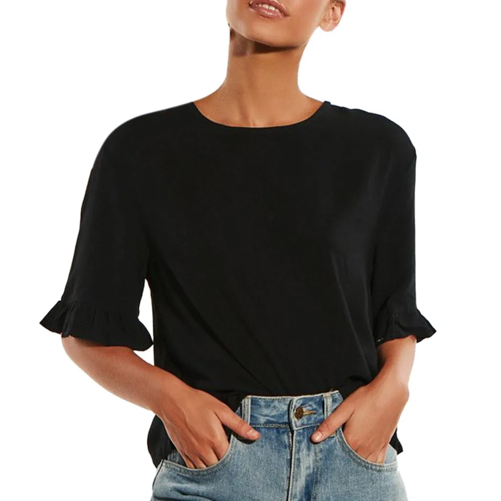 

SAGACE Fashion blouses woman 2019 spring Summer Button Blouses O-Neck Fold Short Sleeve Summer Casual Tops Shirt Casual Blouse