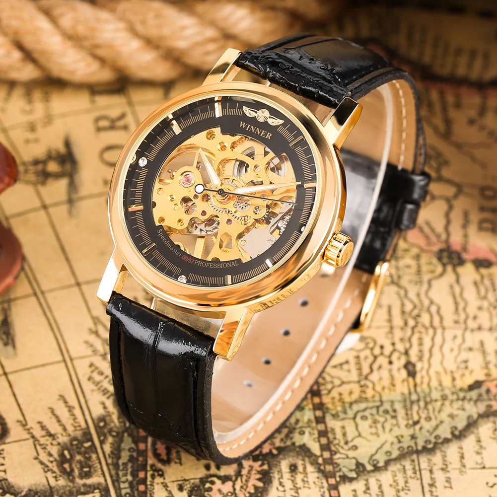 Победитель Модные механические часы для мужчин Золотой Скелет ручным заводом механические часы для Женский, черный кожаный ремешок часы