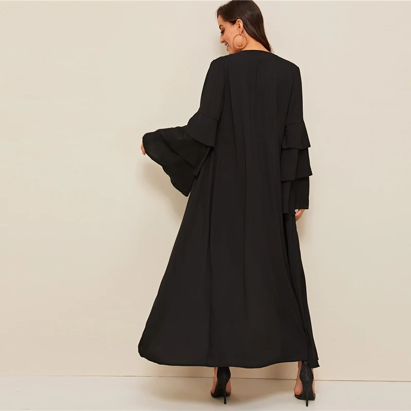 SHEIN abaya/черное многослойное кимоно с рюшами и длинными рукавами для женщин; сезон весна-осень; топ с длинными рукавами; Однотонный удлиненный Повседневный кимоно