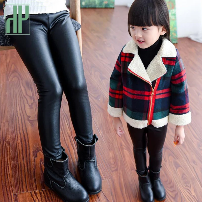 

2-10years Spring Winter Kids Pants Children Clothing PU Leather Double Plus Thick warm Velvet girls leggings Child Baby Trousers