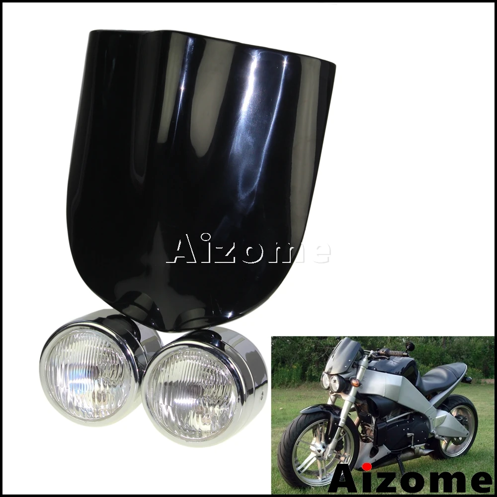Motorcycle Dual Headlamp 4" Headlight Black Windshield Fly Screen Twin