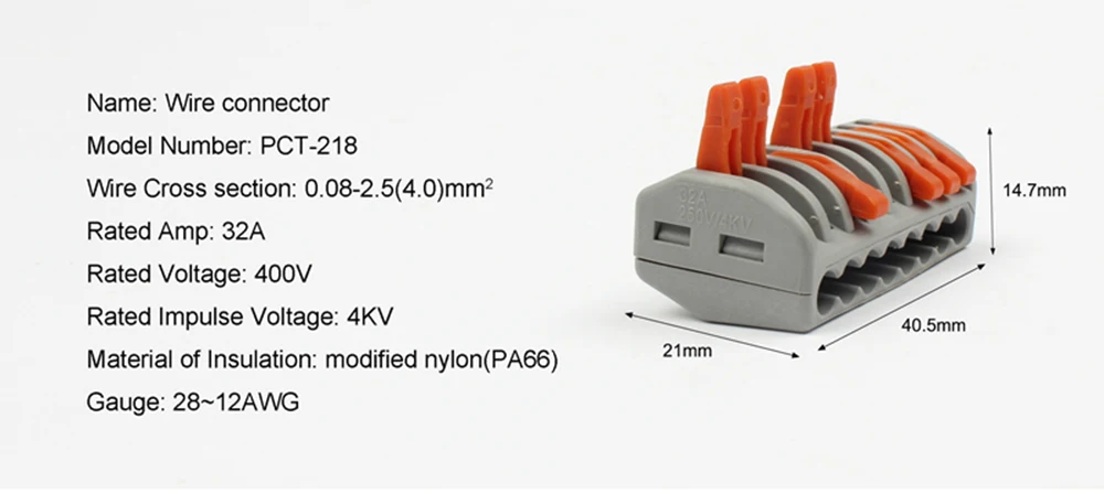 10 шт. PCT-218 PCT218 222-418 Универсальный компактный провод разъем проводки инструменты для наращивания волос 8 булавки проводник клеммный блок с