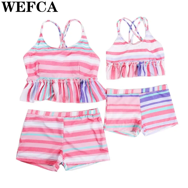 

Fashion Family Matching Swimsuit Mom Daughter Rainbow Stripe Beach Bikini Bathing Suit Mother And Me Swimwear Top Underwear Set