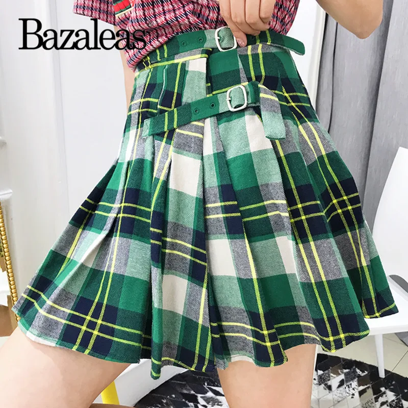 Bazaleas клетчатая мини-юбка высокого пояса Уличная Сексуальная шотландская зеленые юбки винтажная Женская плиссированная юбка панк-Юбка Повседневная