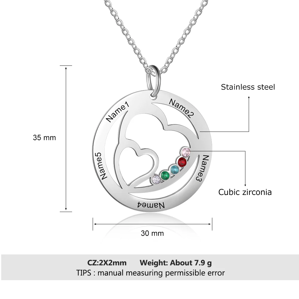 Персонализированные 5 гравировка имен сердце Цепочки и ожерелья s для Для женщин по индивидуальному заказу кубического циркония ожерелье с подвеской «СемьЯ» подарок(Лам