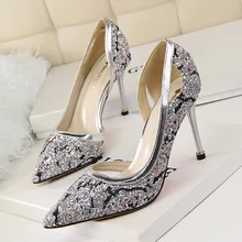 Free shipping New fashion Pointed toe women pumps sexy sequined cloth cutouts Nightclubs women High heeled shoes OL pumps Spring