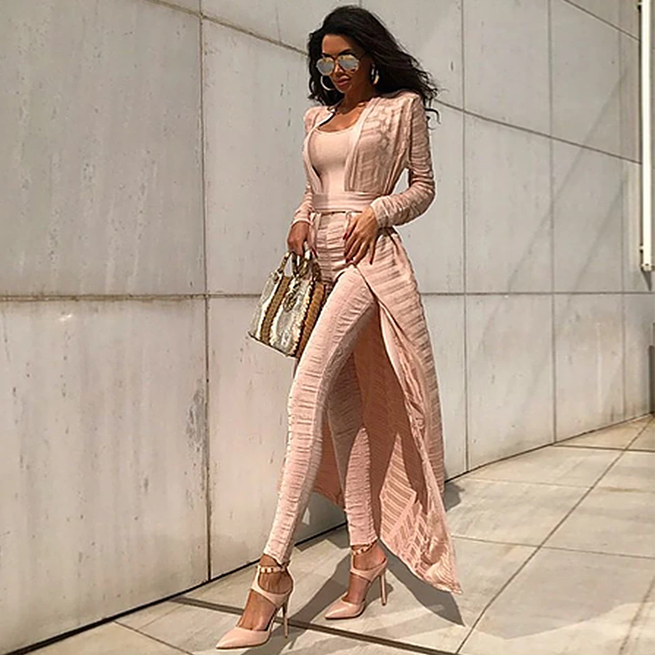 2018 Spring Celebrity Party Runway Women Coats Bandage Full Length Sets White Stereo Jacquard Women Basic Coat Wholesale