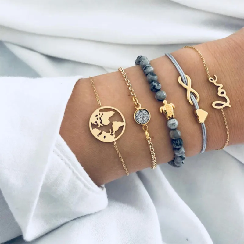 

Bohemian Turtle Charm Bracelets Bangles For Women Fashion Gold Color Strand Bracelets Sets Jewelry Party Gifts