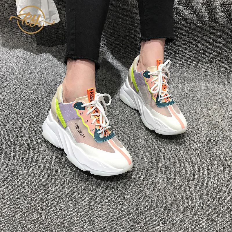 

RY-relaa brand 2019 summer new leather mesh contrast color strap Korean version ins system wedges with internal sports shoes