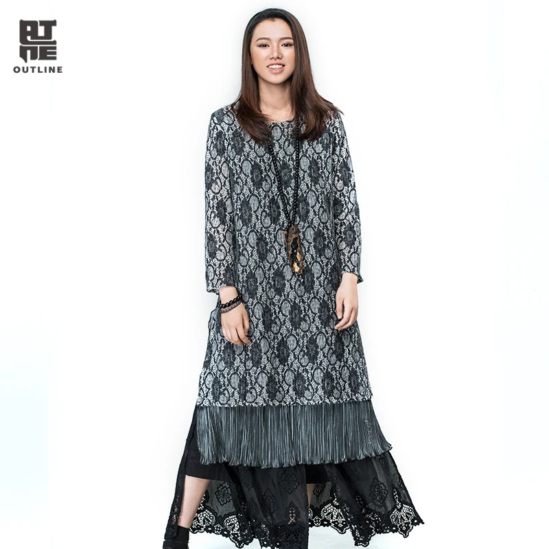 

Outline Women Autumn Dresses Print Patchwork Knitted Full sleeve Medium-long Dress Loose Straight Pleated Casual Dress L163Y005