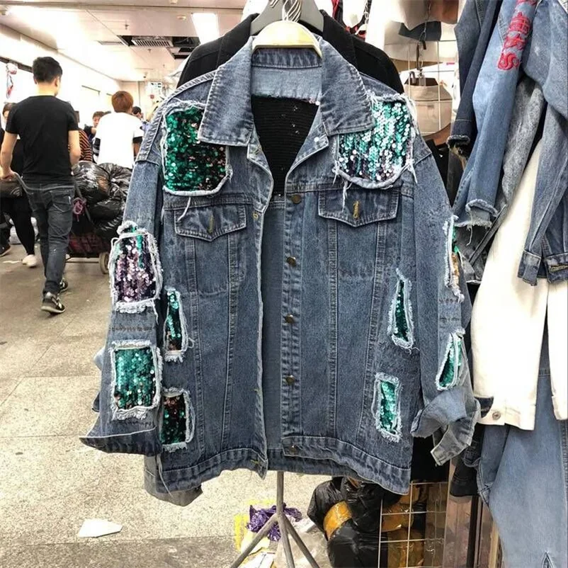 SexeMara/Весенняя и осенняя Корейская версия новой стильной джинсовой куртки с блестками и дырками для женщин