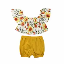 Детская одежда для маленьких девочек, топы без рукавов с оборками и цветочным принтом + шорты, комплект из 2 предметов, милая Одежда для