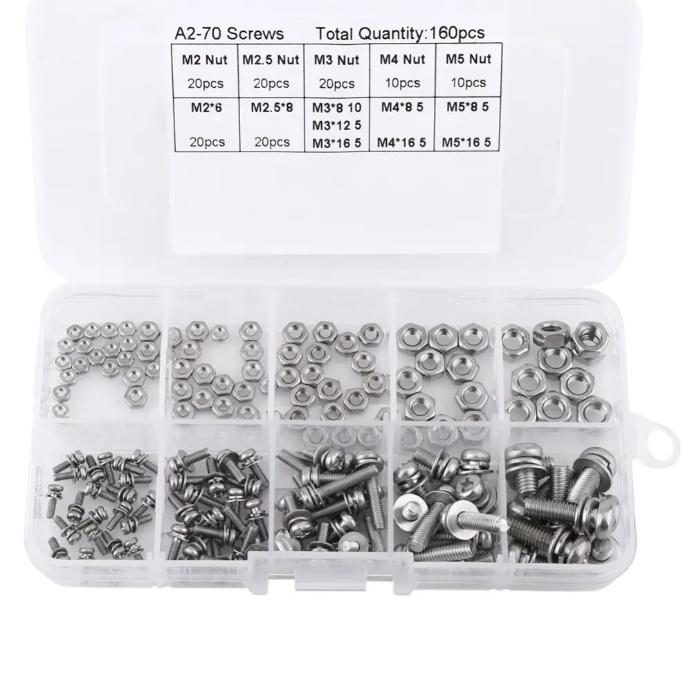 

160Pcs/set M2 M2.5 M3 M4 M5 Pan Head Screws Nuts Assortment Kit Stainless Steel Cross Screws Hex Nut Fastener Hardware