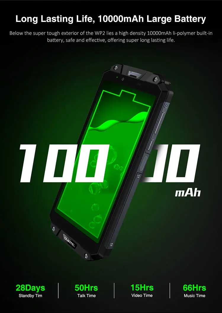 OUKITEL WP2 4GB RAM 64GB ROM MTK6750T 1.5GHz Octa Core 6.0 Inch Incell Corning Gorilla Glass FHD+ Screen Dual Camera IP68 Waterproof Android 8.0 4G LTE Smartphone