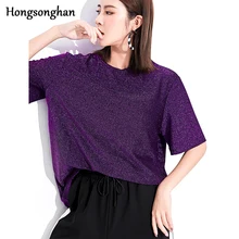Hongsonghan летняя тонкая стильная яркая шелковая рубашка Женская свободная универсальная однотонная эластичная футболка с короткими рукавами, футболка с люрексом