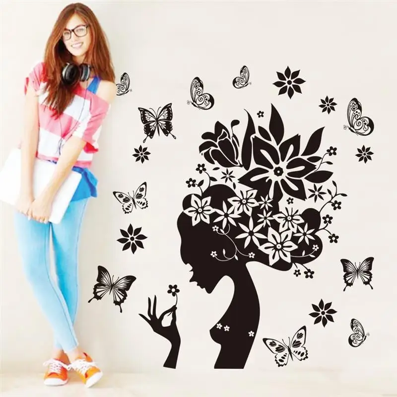 

black diy flowers fairy wall stickers TV sofa background room decorations home decals mural print posters for girl room art