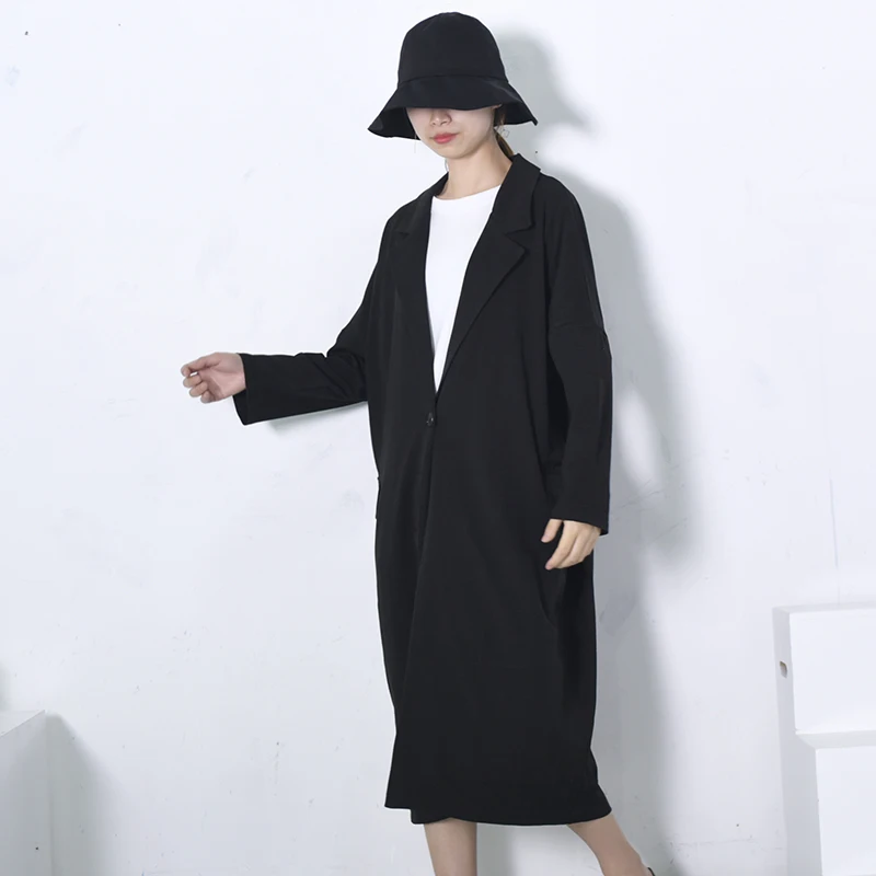 [EAM] Весенняя Новая модная клетчатая длинная куртка с отложным воротником Свободное пальто с длинным рукавом Женская куртка YC138
