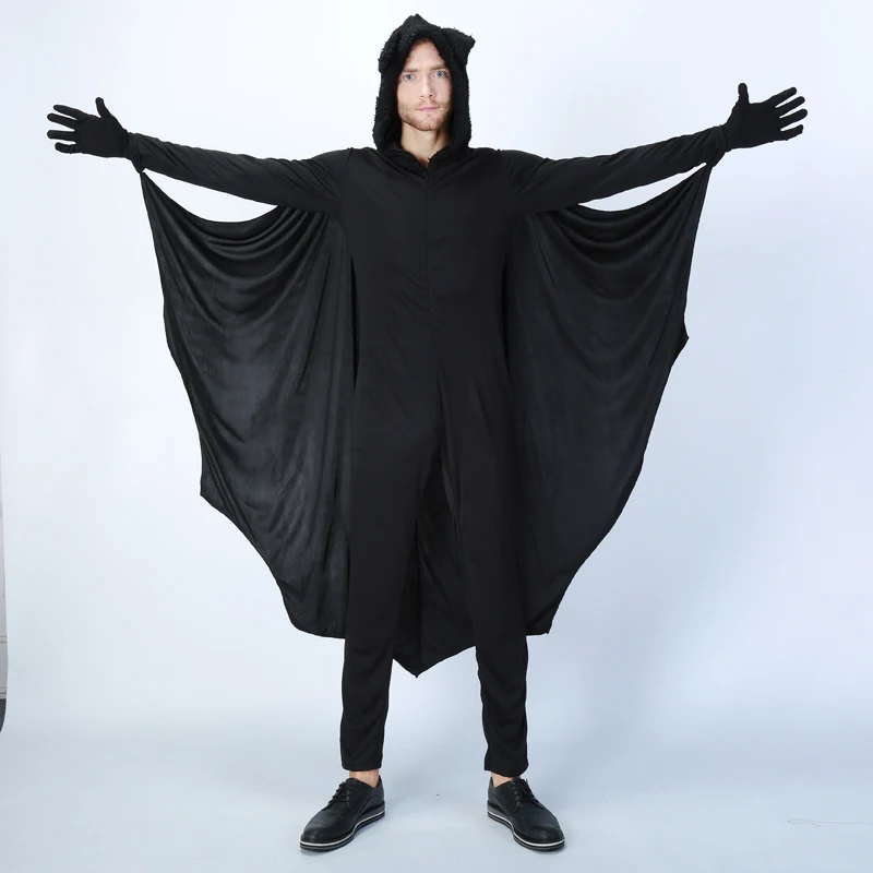 Взрослый мужской костюм на Хеллоуин с черной летучей мышью, необычный костюм для косплея, комбинезон с капюшоном, мужской крутой флисовый костюм, одежда M-XL размера плюс