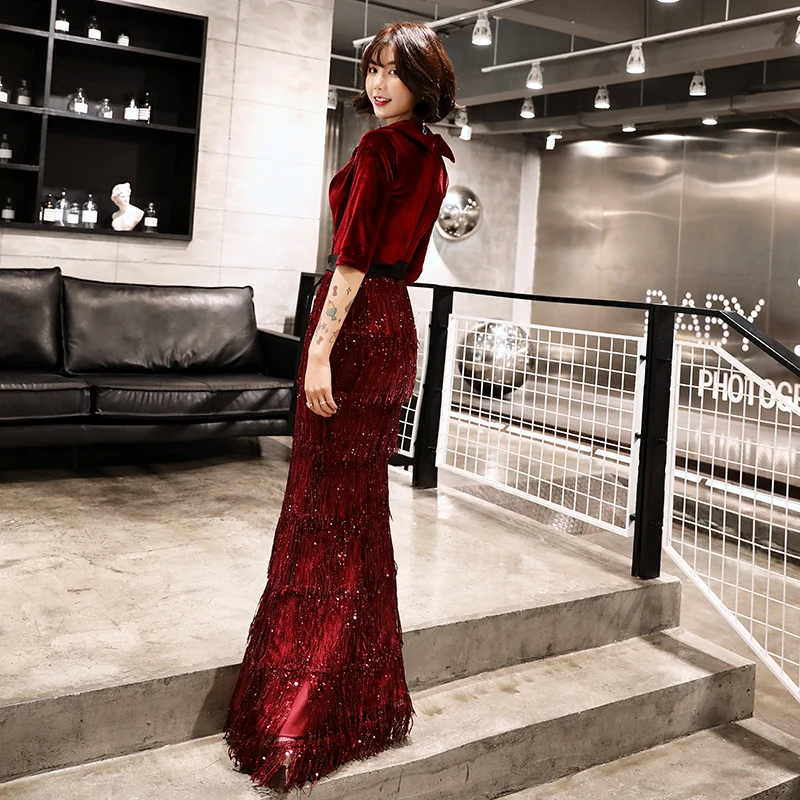 weiyin 2019 Velvet Evening Dresses Long Mermaid V-Neck Formal Dress Sequined Abendkleider Women robe de soiree longue WY1259
