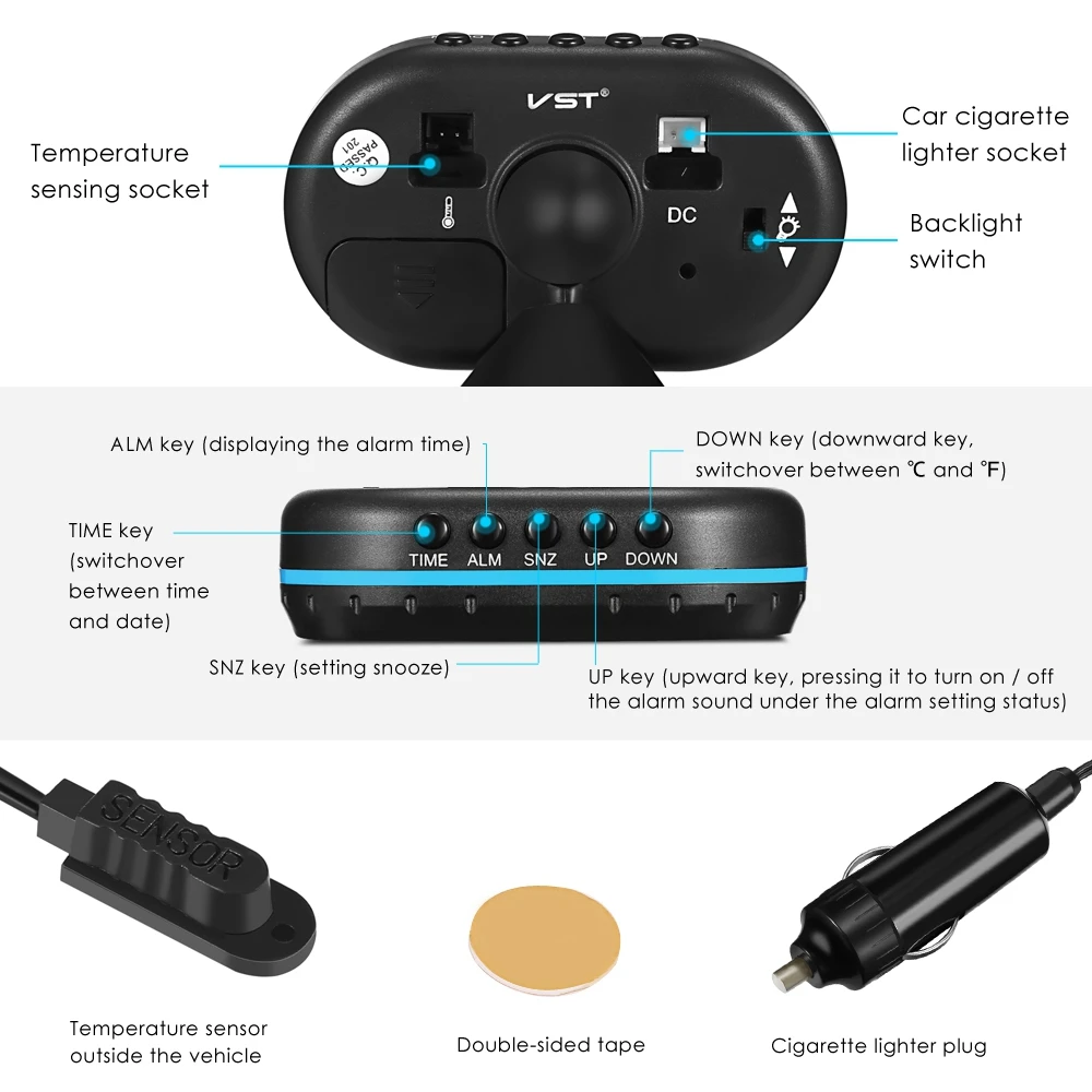 VicTsing VST 7009V Car Digital Clock with Thermometer Automotive Voltmeter TimeTemperatureVoltBacklight Digital Car Clock LED (11)