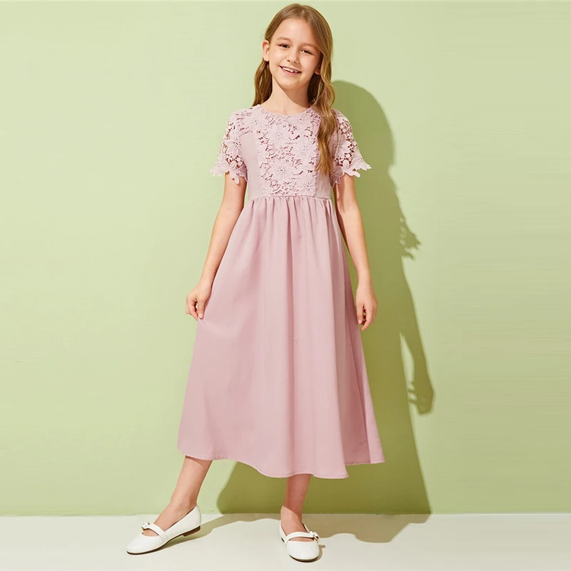 SHEIN Kiddie розовый гипюр кружева аппликация девушки милое платье Лето короткий рукав Высокая талия длинные расклешенные платья для подростков