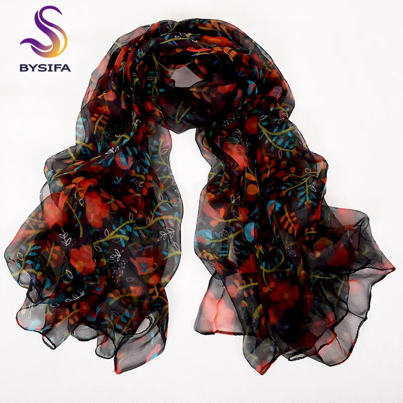 [BYSIFA] женский красный и черный шелковый шарф шаль цветочный дизайн весна осень длинные шарфы 170*105 см элегантные тонкие шейные шарфы
