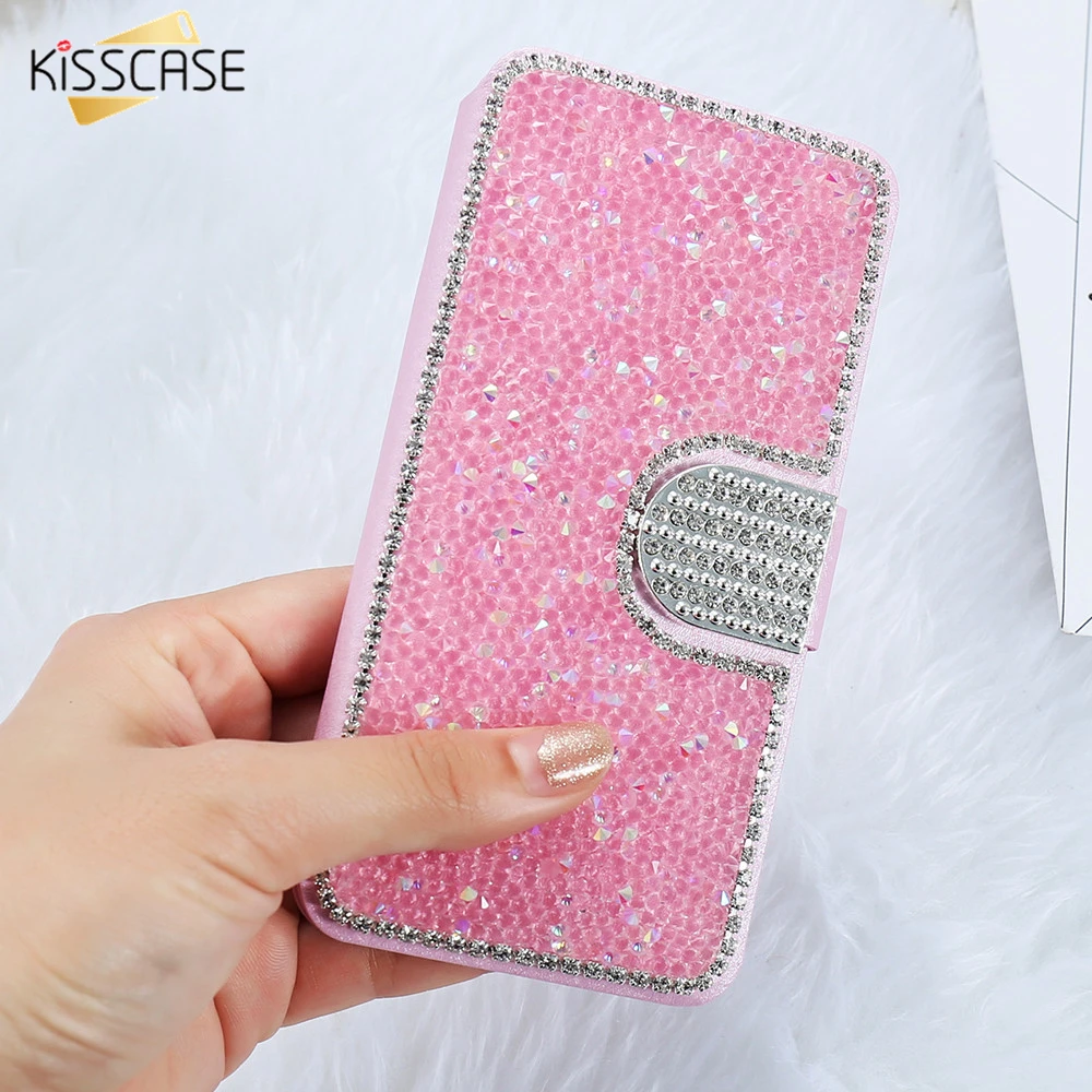

KISSCASE Bling Diamond Flip Phone Case For iPhone 5 5S SE Cases Luxury Silk Pattern Phone Cover For iPhone 6 6S 7 8 Plus Fundas