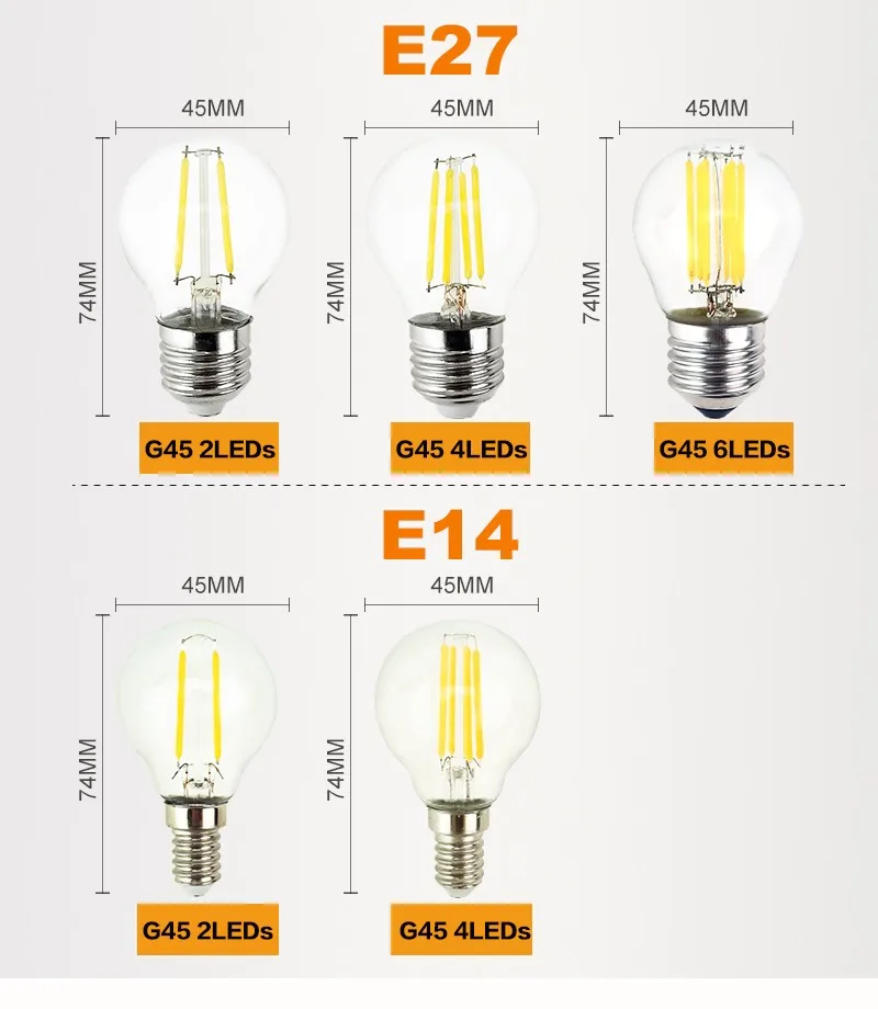Светодиодный светильник E27, светодиодный G45, переменный ток 220 В, 240 в, E14, винтажный теплый белый 2 Вт, 4 Вт, 6 Вт, лампа Эдисона, декоративная лампа, светодиодный специальный декоративный светильник