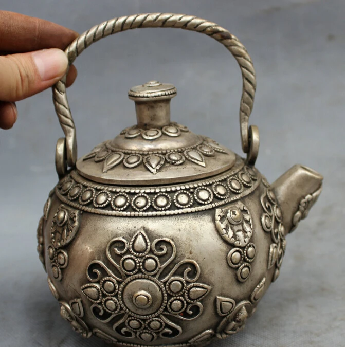 

S4043 Tibet Silver Buddhist Shakyamuni Amitabha Statue Pearl Wine Pot Teapot Flagon D0317