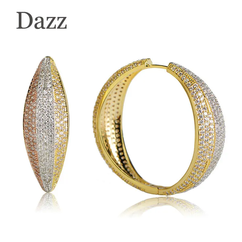 Женские большие серьги Dazz трехцветные из меди и кубического камня с